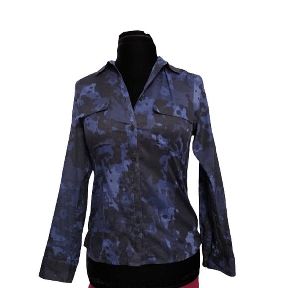 Michael Kors Blue and Black Cotton Button Down Long Sleeve Top Small - Picture 1 of 11